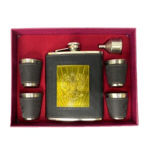 GT SET PETACA DETALLES NEGROS Y CON AGUILA + 4 VASOS NEGROS