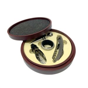 Set para Vino 4 Piezas Caja Madera Redonda