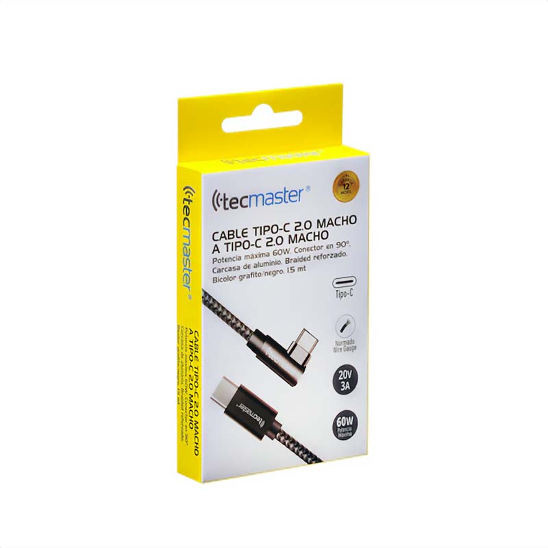 Cable Tipo-C a Tipo-C 2.0 Macho 60w Conector 90 Grados Tecmaster TM-200544 - Imagen 3